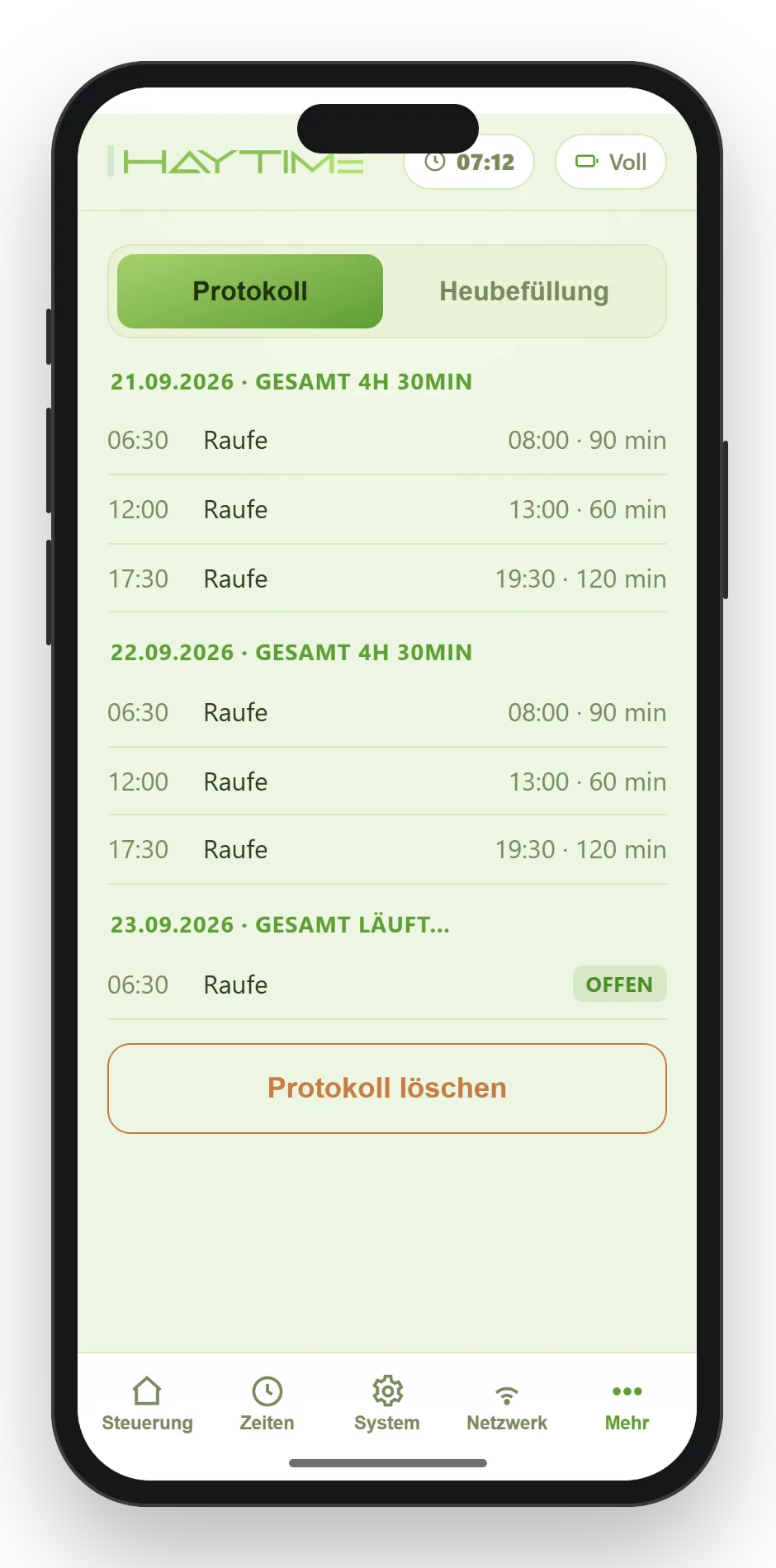Fütterungsprotokoll mit Tagesübersicht