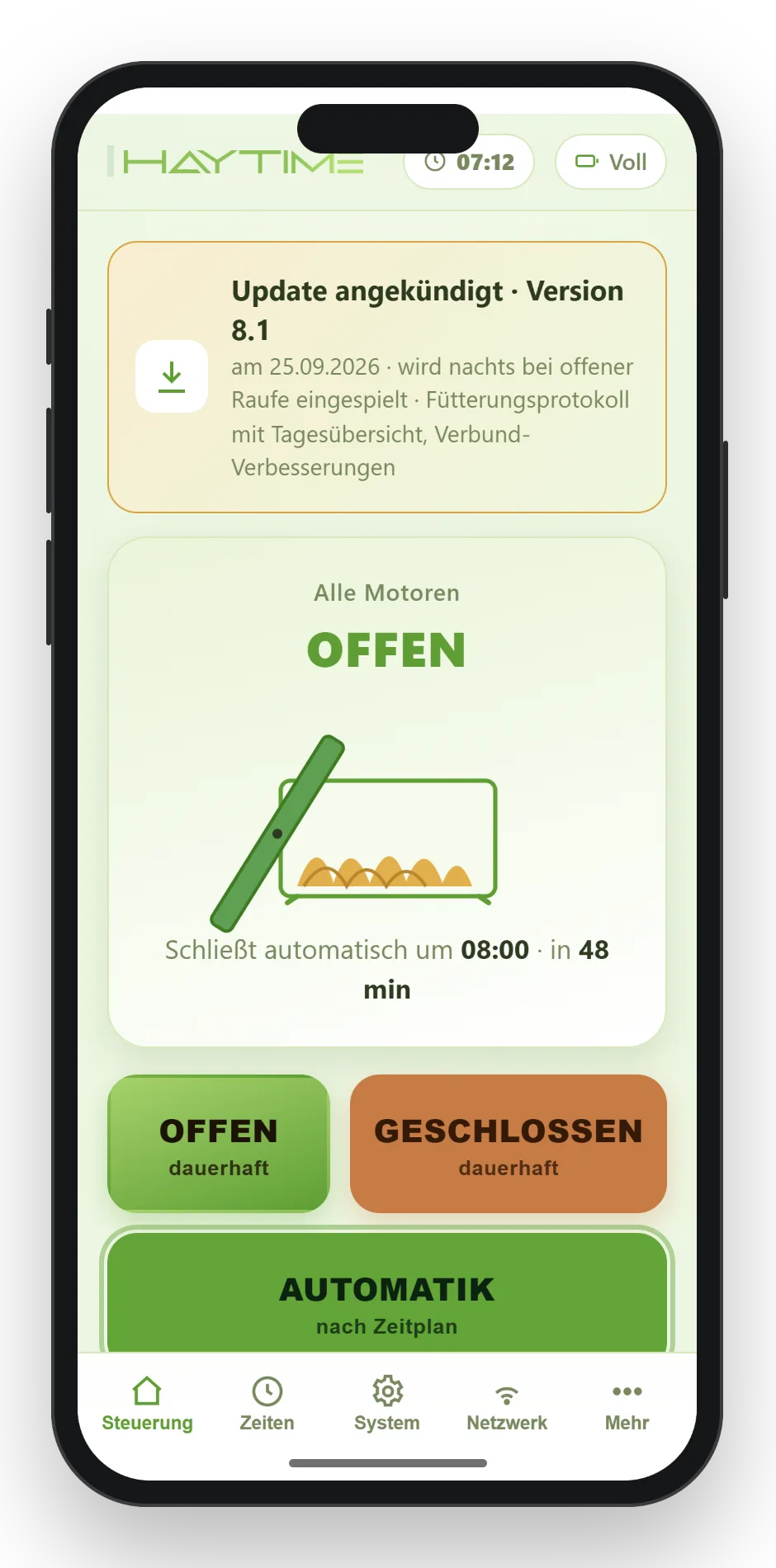Hinweis in der App: Update angekündigt, wird nachts bei offener Raufe eingespielt