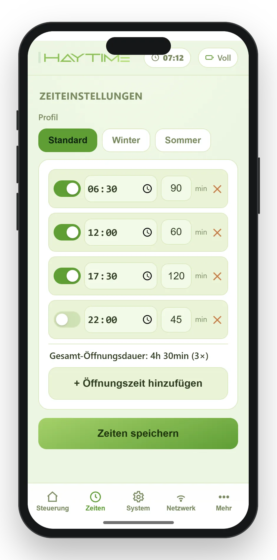 Zeiteinstellungen mit Profilen Standard, Winter, Sommer